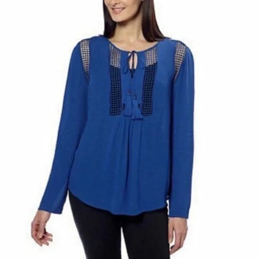 Joseph A Boho Peasant Blouse Tassel Open Knit Sapphire XL Chic Bohemian Folk - Picture 13 of 13